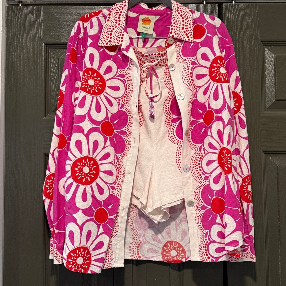 Farm Rio Pink Floral Shorts and Long Sleeve Linen Blend Set - Large